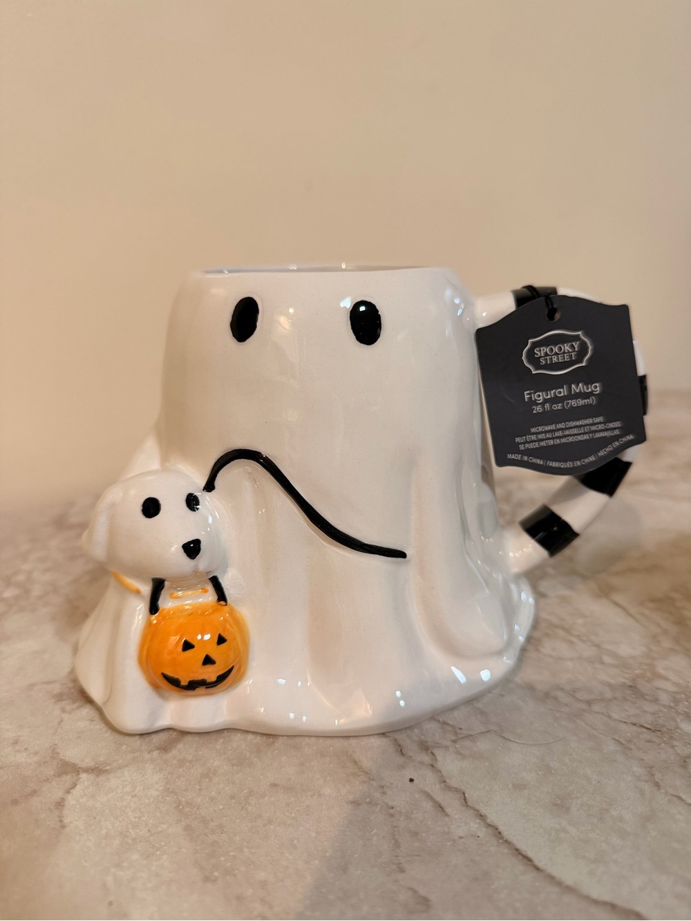 White Ghost Figural Mug with Orange Pumpkin Accent